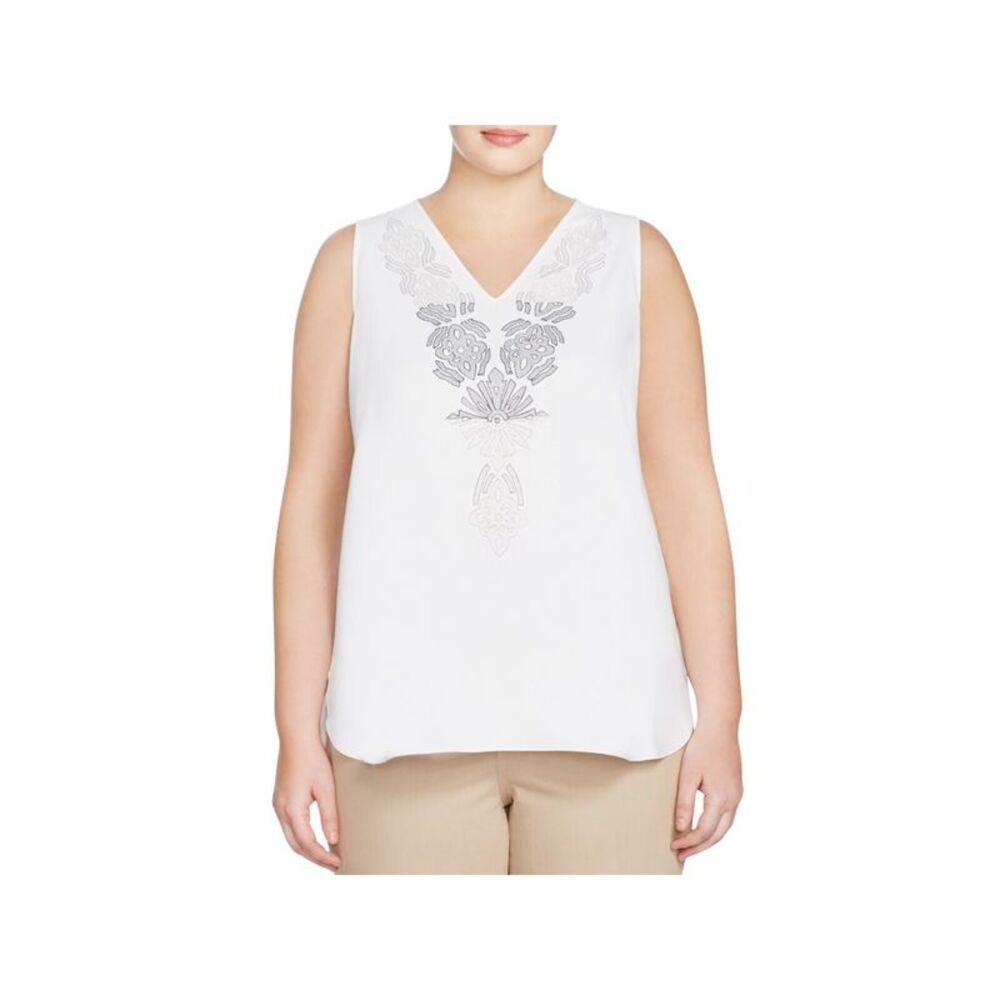 NIC+ZOE Womens Ivory Embroidered Sleeveless V Neck Wear To Work Blouse Plus 1X